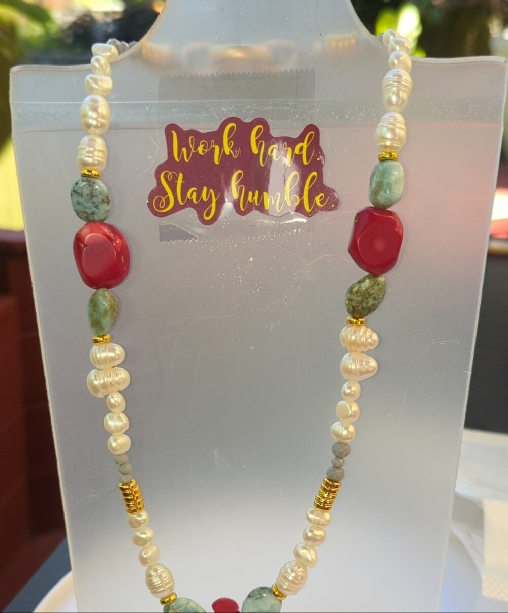 Artisan Larimar,  Pearl & Coral Necklace